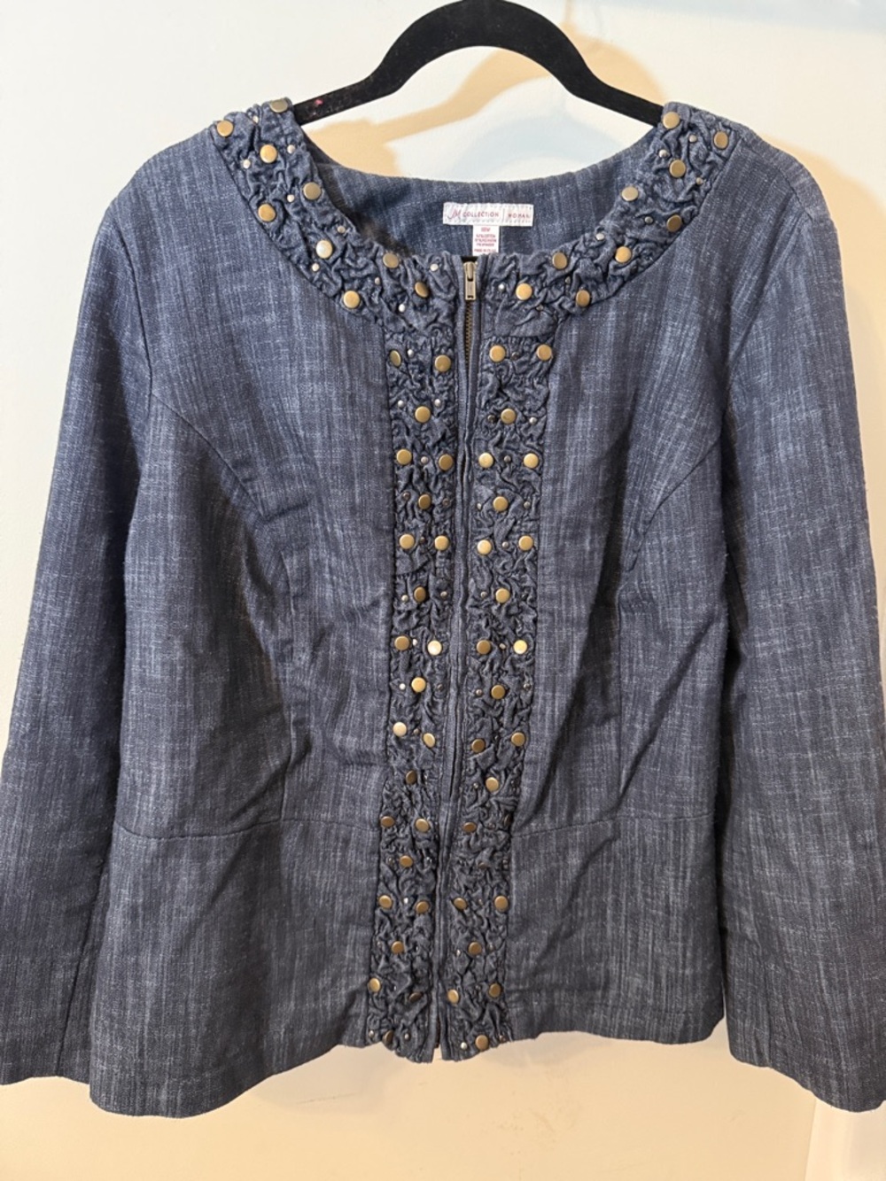 JM Collection Quilted Denim-Effect Jacket in Dark Blue with Brass Accents